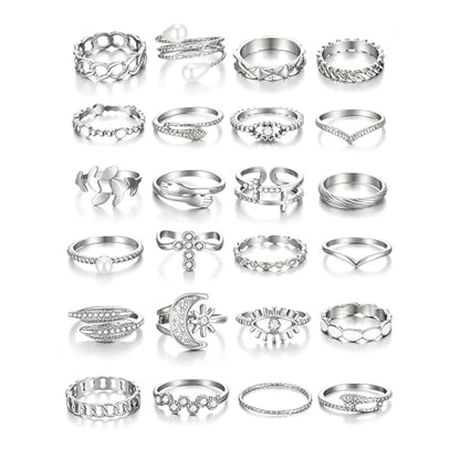 Golden Knuckle Rings Set for Women, 14k Golden Plated Open Stacking Knuckle Midi Rings Dainty Cubic Zirconia Crystal Simple Hollow Cute Rings Pack Jewelry Gifte - color: Silvery 23PCS