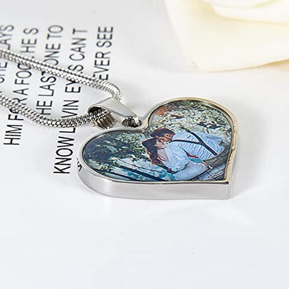 Farfume Personalized Photo Necklace for Women/Men, Memorial Jewelry Gifts | Holds 2 Pictures Pendant, Custom Engraved Text, Beautiful Locket for Girls, Durable Stainless Steel, Mothers Day Gifts - color: Heart Shape Silver Photo & Text