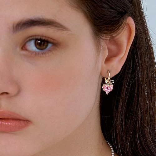 Sonateomber Gold Silver Small Hoop Dangle Earrings for Women, Trendy Dainty Rhinestone CZ Dangling Prom Wedding Leaf Flower Snowflake Butterfly Starfish Fashion Jewelry Gift - color: Pink Heart