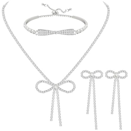 NEWITIN 4 Pieces Crystal Jewelry Set for Women Wedding Costume Accessories | Hypoallergenic, Cubic Zirconia, Necklace Earrings Bracelet, Tennis, Silver Jewelry for Wedding Bride Bridesmaid Party Prom - color: Silver Bow
