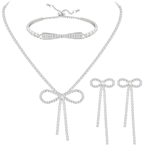 NEWITIN 4 Pieces Crystal Jewelry Set for Women Wedding Costume Accessories | Hypoallergenic, Cubic Zirconia, Necklace Earrings Bracelet, Tennis, Silver Jewelry for Wedding Bride Bridesmaid Party Prom - color: Silver Bow
