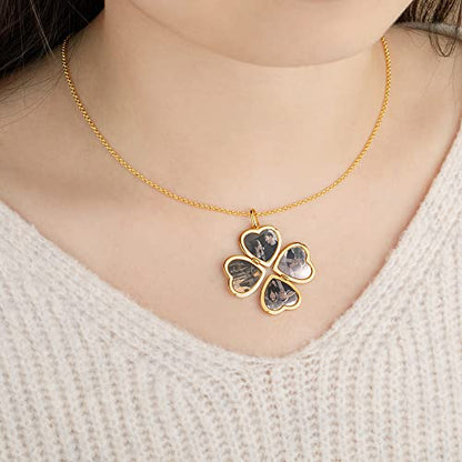 Personalized Photo Locket Necklace that Holds Pictures Sterling Silver Jewelry Gifts for Women Girls Custom Photo Lockets Pendant Necklace Picture Locket Memorial Jewelry Heart Wing Four Leaf Oval - color: Four leaf
