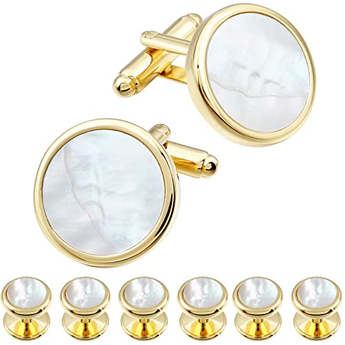 HAWSON Fashion Mother-of-Pearl Tuxedo Shirt Button and Cufflink Set, Specially Designed for Wedding Business - color: Gold Tone-Mother of Pearl