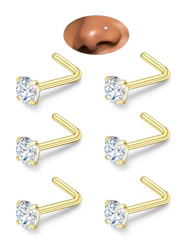 6-Piece L-Shaped Moissanite Nose Stud Set, 925 Sterling Silver Nose Rings | Hypoallergenic Nose Studs Suitable for Nostril, Nasal Septum, and Nasal Cartilage Piercings; Colorfast (Unisex) - color: Gold