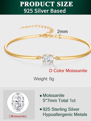 Moissanite/Sapphire/Ruby/Emerald Cuff Bracelet 1 Carat Oval Cut Center Stone Inlaid 925 Sterling Silver 14K Gold Plated Adjustable Birthstone Bangle for Women fit Wrist 5-7.5 Inch - color: Moissanite Gold