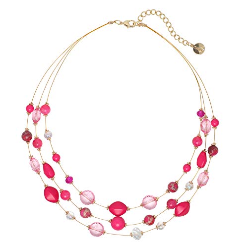 Coiris 3 Layers Illusion Wire Beaded Statement 19.5" Necklace for Women - color: N0005-Fuchsia Bud