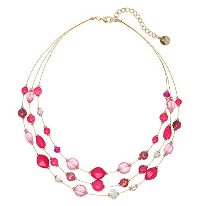 Coiris 3 Layers Illusion Wire Beaded Statement 19.5" Necklace for Women - color: N0005-Fuchsia Bud