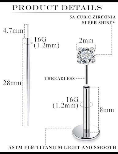 20G 18G 16G F136 Titanium Threadless Flat Back Earrings Nose Studs Tragus Forward Helix Conch Cartilage Lobe Earrings Medusa Labret Snake Bite Monroe Lip Ring Piercing Jewelry For Women Men - size: 16G-8MM Bar-CZ 2MM
