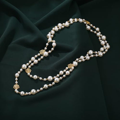 Simulated Pearl Strand Layered Necklace for Women, Multi Strand Long Necklace, Dainty Sweater Necklace for Party Costume Jewelry - style: Rose