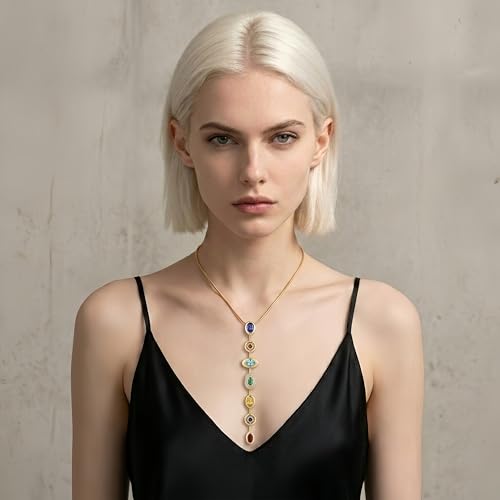 18K Gold Plated Seven Chakra Necklace for Women, Dainty Y Necklace Lariat Drop Pendant, Crystal Healing Yoga Jewelry Gifts - color: Gold 05
