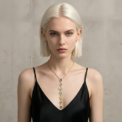 18K Gold Plated Seven Chakra Necklace for Women, Dainty Y Necklace Lariat Drop Pendant, Crystal Healing Yoga Jewelry Gifts - color: Gold 05
