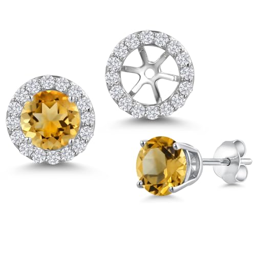 Gem Stone King 14K White Gold 6MM Round Gemstone Birthstone Stud Earrings with Removable Jackets and Lab Grown Diamond Accents | Gold Earrings For Women | Fine Jewelry Gift for Her Mom Women Wife - color: Citrine-November