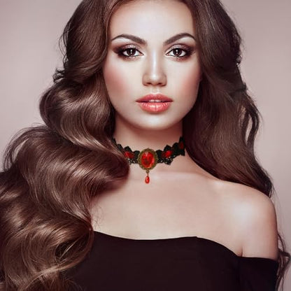 Lace Choker Witch Necklace for Women Halloween Gothic Lace Collar Punk Rhinestone Gothic Necklace Prom Jewelry Halloween Vampire Choker Necklace Costume Emo Witch Accessories - color: Red