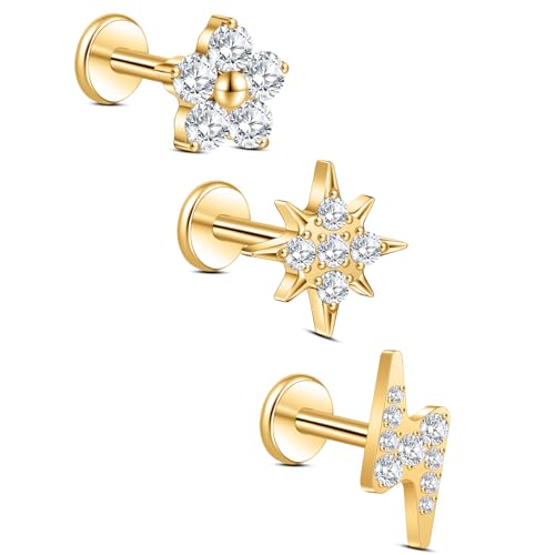 limerencia Titanium Internally Threaded Flat Back Earrings, 3 Pcs Implant Grade Hypoallergenic Studs, 18G Tragus Helix Conch Cartilage Piercing Jewelry for Sensitive Ears Women Men, Gold/Silver - color: Gold-Vibe B