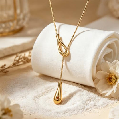 Adjustable Waterdrop Pendant Y Necklace for Women Snake Chain Sliding Pendant Layered Choker for Daily Wear - color: Gold