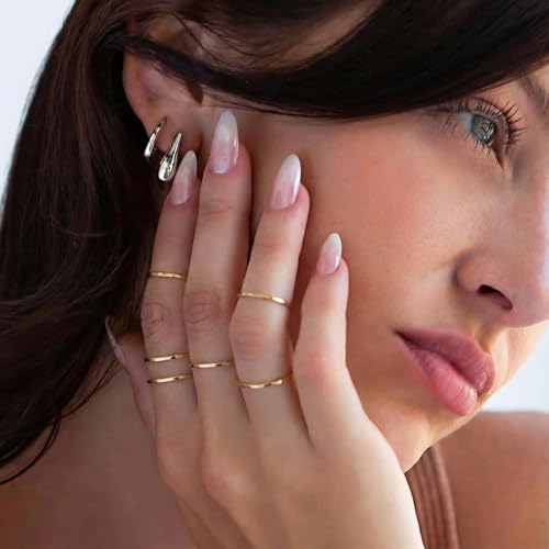 ALEXTINA 1mm Stainless Steel Stacking Rings for Women Thin 14K Gold Plated Band Rings Non Tarnish Stackable Knuckle Rings Thumb Pinky Midi Rings Comfort-Fit Size 4/5/6/7/8/9 - style: Flat
