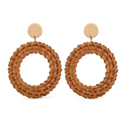 Handmade Raffia Rattan Bohemian Dangle Earrings for Women, Woven Rattan Round Drop Dangle Earrings Beach Jewelry - color: Round A