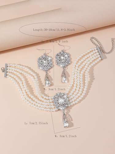 Missgrace Women Silver Black Green Red Rhinestone Crystal Tassels Bridal Necklace Earrings Sets Teardrop Necklace Dangle Earrings Set for Wedding Brides Bridesmaid - color: Silver