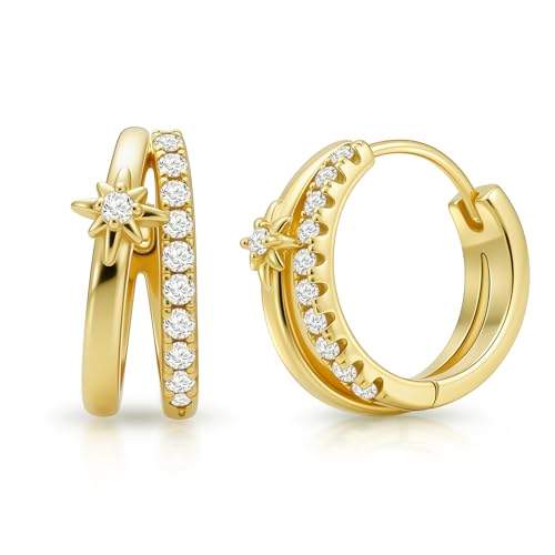 14K Gold Double Hoop Earrings 20mm Split Huggies North Star Earrings Celestial Jewelry Gift for Women