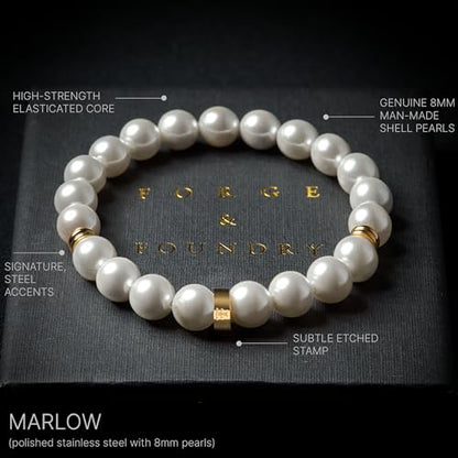 Forge & Foundry Marlow Men's Adjustable 8mm Shell Pearl (Man-Made) Bracelet | Design-Led Artisan Jewellery from London | Small, Medium, Large and Adjustable Sizing Options, 8mm Size, Size Adjustable | - color: 18K gold-plated, size: Medium