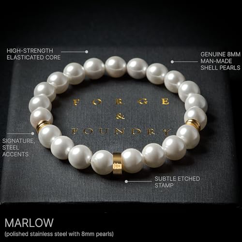 Forge & Foundry Marlow Men's Adjustable 8mm Shell Pearl (Man-Made) Bracelet | Design-Led Artisan Jewellery from London | Small, Medium, Large and Adjustable Sizing Options, 8mm Size, Size Adjustable | - color: 18K gold-plated, size: Small