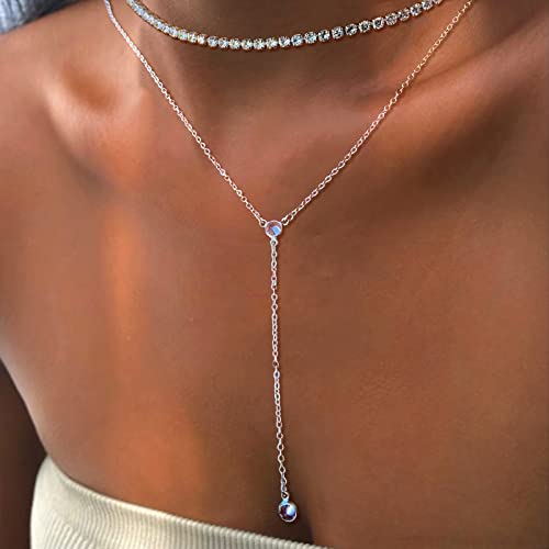 HERIER Lariat Gold Necklace for Women, Dainty Long Necklace 14k Gold Plated/Silver Y-Shaped Layered Beaded Chain Drop Necklaces for Women Trendy Simple Gold Jewelry for Women Gifts - color: Y-CZ-Silver