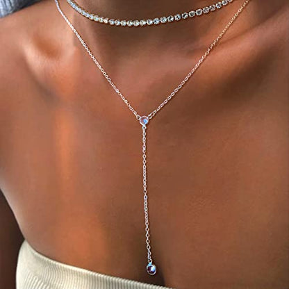HERIER Lariat Gold Necklace for Women, Dainty Long Necklace 14k Gold Plated/Silver Y-Shaped Layered Beaded Chain Drop Necklaces for Women Trendy Simple Gold Jewelry for Women Gifts - color: Y-CZ-Silver