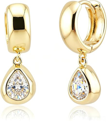 Dangle Flower Gold Earrings for Women, Trendy Statement Hoop Earrings, Gold Floral Drop Earrings Jewelry for Gifts - color: Teardrop 14K gold CZ