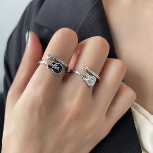 Adjustable Leaf Stackable Rings for Women Cubic Zirconia Stones Blue Leaves Purple Flower Open Band Stacking Finger Sliver Rings Fashion Plant Floral Aesthetic CZ Jewelry - color: black guitar