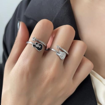 Adjustable Leaf Stackable Rings for Women Cubic Zirconia Stones Blue Leaves Purple Flower Open Band Stacking Finger Sliver Rings Fashion Plant Floral Aesthetic CZ Jewelry - color: white guitar