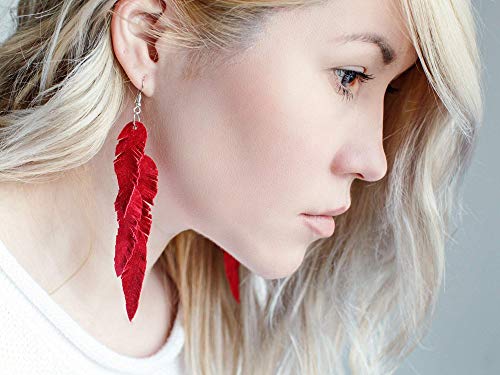 Leather Feather Earrings, Suede layered earrings, boho wedding jewelry, summer earrings, gift for her, dangle earrings - color: red