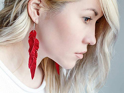 Leather Feather Earrings, Suede layered earrings, boho wedding jewelry, summer earrings, gift for her, dangle earrings - color: red