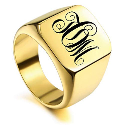 VIBOOS Custom Engraved Initial Monogram Signet Ring for Men Women Mens Rings Stainless Steel, Bundle with Ring Size Adjusters - color: B3: Gold - Monogram