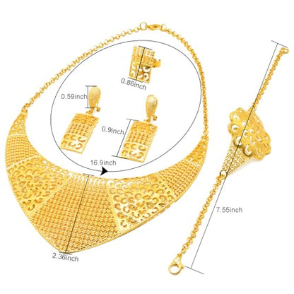 indian Women Jewelry Necklace Set african Dubai Bride Wedding Prom Fashion Jewelry 24K Gold Plated Necklace Bangles Rings Earrings - color: S-350