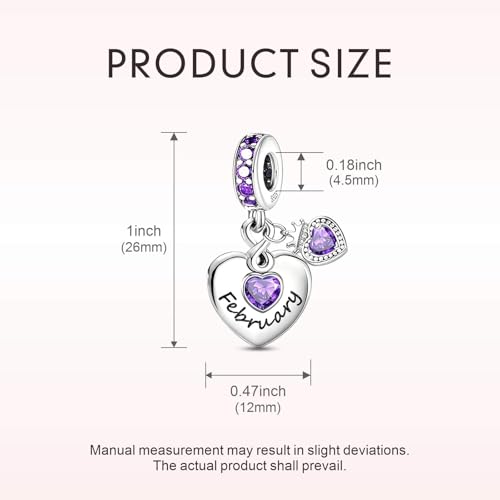 BLUELUNE Birthstone Charms, 925 Sterling Silver Dangle Charm with 5A Cubic Zirconia for Bracelets or Necklaces, Birthday, Mother's Day Present for Women - color: February