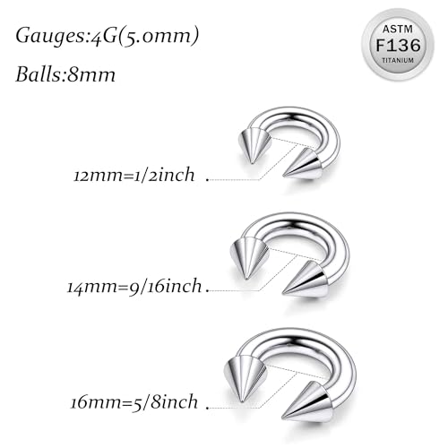 Ruifan 20G 18G 16G 14G 12G 8G 6G 4G 2G Horseshoe Nose Ring Titanium Septum Rings Piercing Jewelry Internally Threaded Gauges Cartilage Conch Helix Rook Lip Tragus Earring Hoop Eyebrow For Women Men - size: Spike: 4G - 12MM