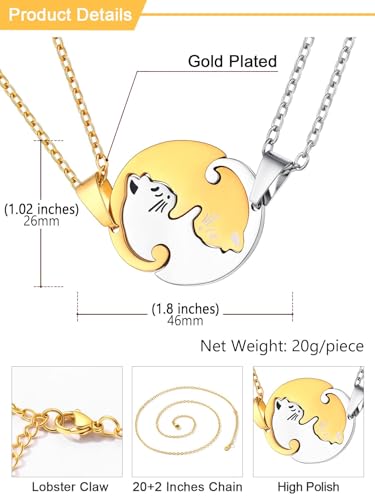 U7 Cat Pendant Necklace for Women Stainless Steel Cute Kitty Cat Jewelry Gift - style: 02-Round Cat Set-Gold+Steel