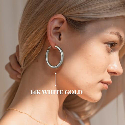 SHOWNII Chunky Gold Hoop Earrings - 14K Gold Plated Earrings for Women Hollow Tube Lightweight Thick Hoops 20/25/30/40mm Valentines Graduation Mother's Day Birthday Gifts - color: 40 Millimeters-White Gold Plated