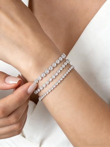 Sterling Silver 14K Gold Plated 2.5mm/3mm/4mm/5mm Round Cut Moissanite Tennis Bracelet, Classic Luxury Bezel Set Diamond Bracelets for Women Men Wedding Birthday Jewelry, Size 6.5" 7" 7.5" 8.3" - color: CZ-5mm Width-Silver, size: 6.5 Inch (Fit Wrist 5.5"-