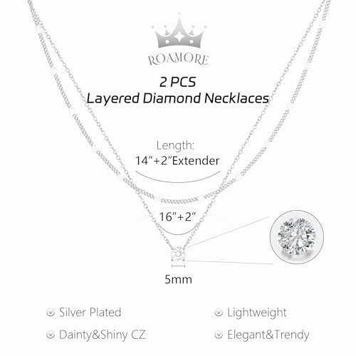 Layered Choker Necklace for Women Stackable Chain Dainty Zircon Pendant Set | 2PCS, Silver/14K Gold Plated, Box/Ball/Rope/Lip chain, Layering Diamond Cut CZ Pendant, Dainty Thin Chain, Trendy Prom Gift - color: Silver, style: Style 03