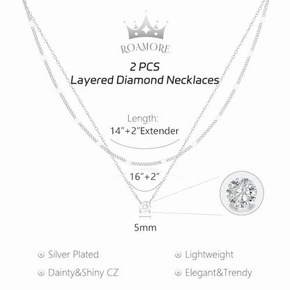 Layered Choker Necklace for Women Stackable Chain Dainty Zircon Pendant Set | 2PCS, Silver/14K Gold Plated, Box/Ball/Rope/Lip chain, Layering Diamond Cut CZ Pendant, Dainty Thin Chain, Trendy Prom Gift - color: Silver, style: Style 03