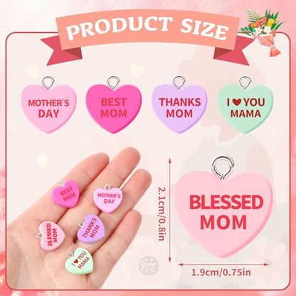 64 Pcs Mother's Day Resin Charms, Mom Conversation Heart Charm | Love Mama Mom Pendants, DIY Crafts, Bracelet Necklace Earrings Jewelry Making, Decorations Accessories - style: Mother's Day Style