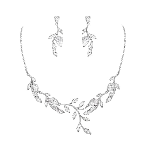 Crysdue Women's Wedding Bridal Jewelry Set for Brides Bridesmaids Cubic Zirconia Flower Leaf Vine Necklace Dangle Earrings for Prom Party - style: 23-silver