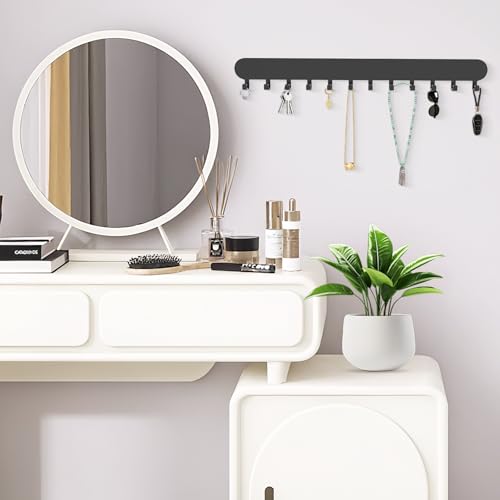 Necklace Holder - Wall Hanging Jewelry Organizer | Self-Adhesive Wall Mounted for Necklaces, Bracelets, 2 Pack, Black - color: Black-12 Hooks