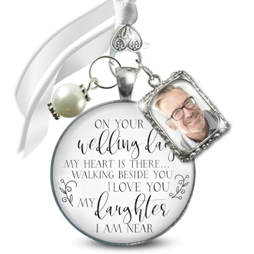 Bouquet Charm On Your Wedding Day Memorial Honoring Mom Dad Grandma Grandpa Meaningful Bridal Floral Jewelry Silver Finish Pendant Bride's Flowers Photo Frames Parent Grandparent - color: White Bead, style: My Daughter | 1 Frame