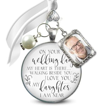 Bouquet Charm On Your Wedding Day Memorial Honoring Mom Dad Grandma Grandpa Meaningful Bridal Floral Jewelry Silver Finish Pendant Bride's Flowers Photo Frames Parent Grandparent - color: White Bead, style: My Daughter | 1 Frame