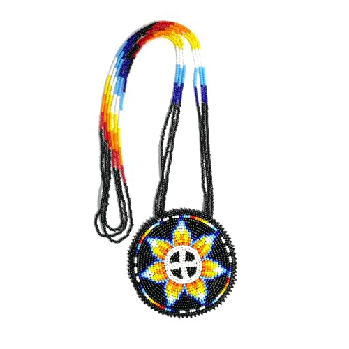 Handmade Native American Style Tribal ethnic Seed Bead Beaded Layered Medallion Necklace - color: Sunburst - Black