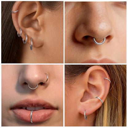 3Pcs Nose Rings Hoops for Women Men, 18G Nose Hoops Gold/Silver | Hinged Clicker Septum Rings Tragus Conch Helix Daith Lip Body Piercing Jewelry 6/8/10mm - color: 3pcs/silver/18g