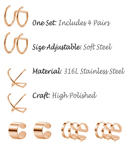 4-10 Pairs Stainless Steel Ear Cuff Helix Cartilage Clip On Wrap Earrings Fake Nose Ring Non-Piercing Adjustable - color: A5: 4 Pairs, Rose Gold Tone
