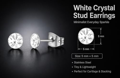 Stainless Steel Stud Earrings 5mm Crystal Birthstone Ultra-Tiny Cartilage Tragus Helix Second Ear Stackable Jewelry - color: April - White